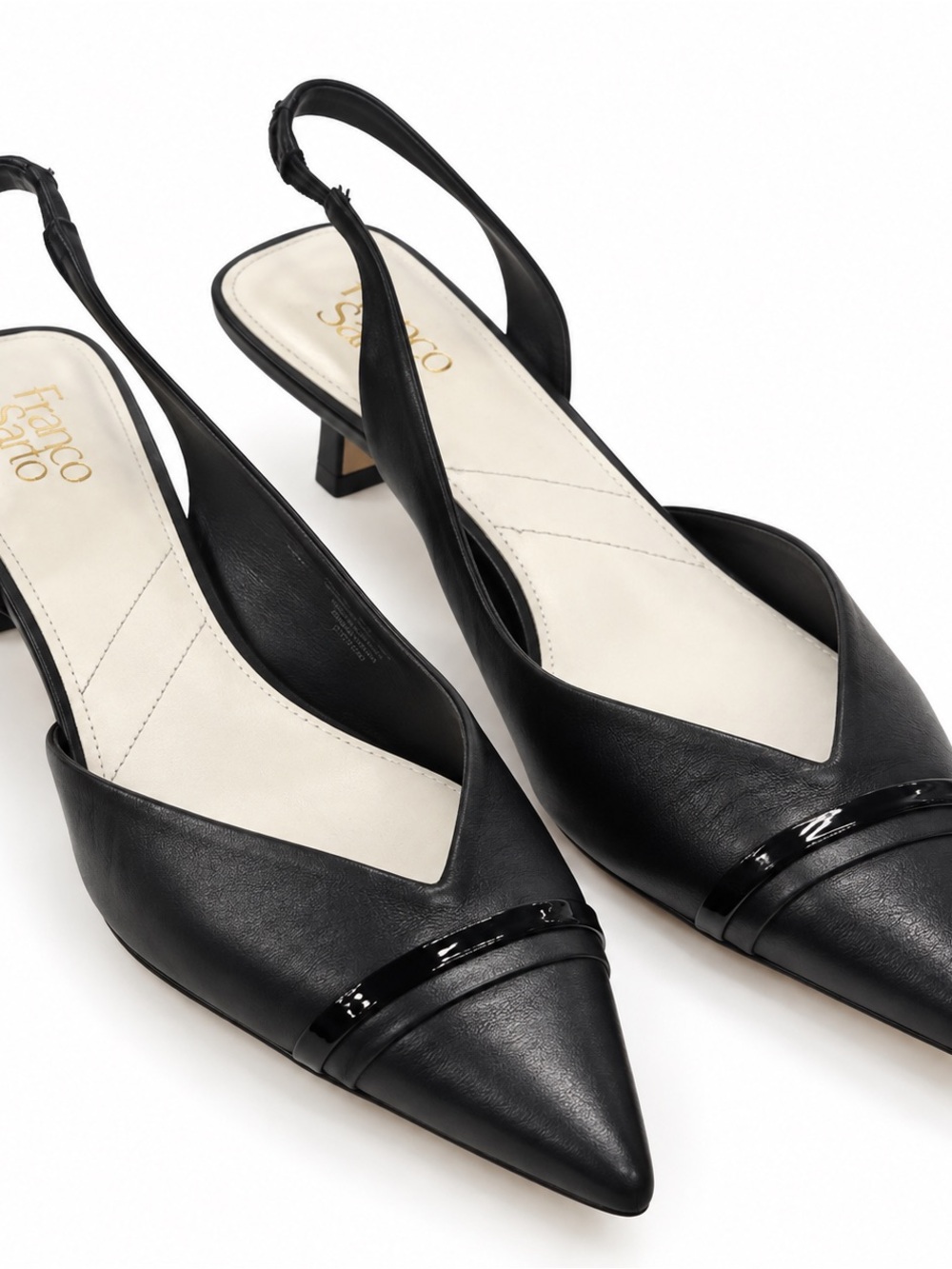 Franco Sarto Black Pointed Slingback Mules with Patent Trim